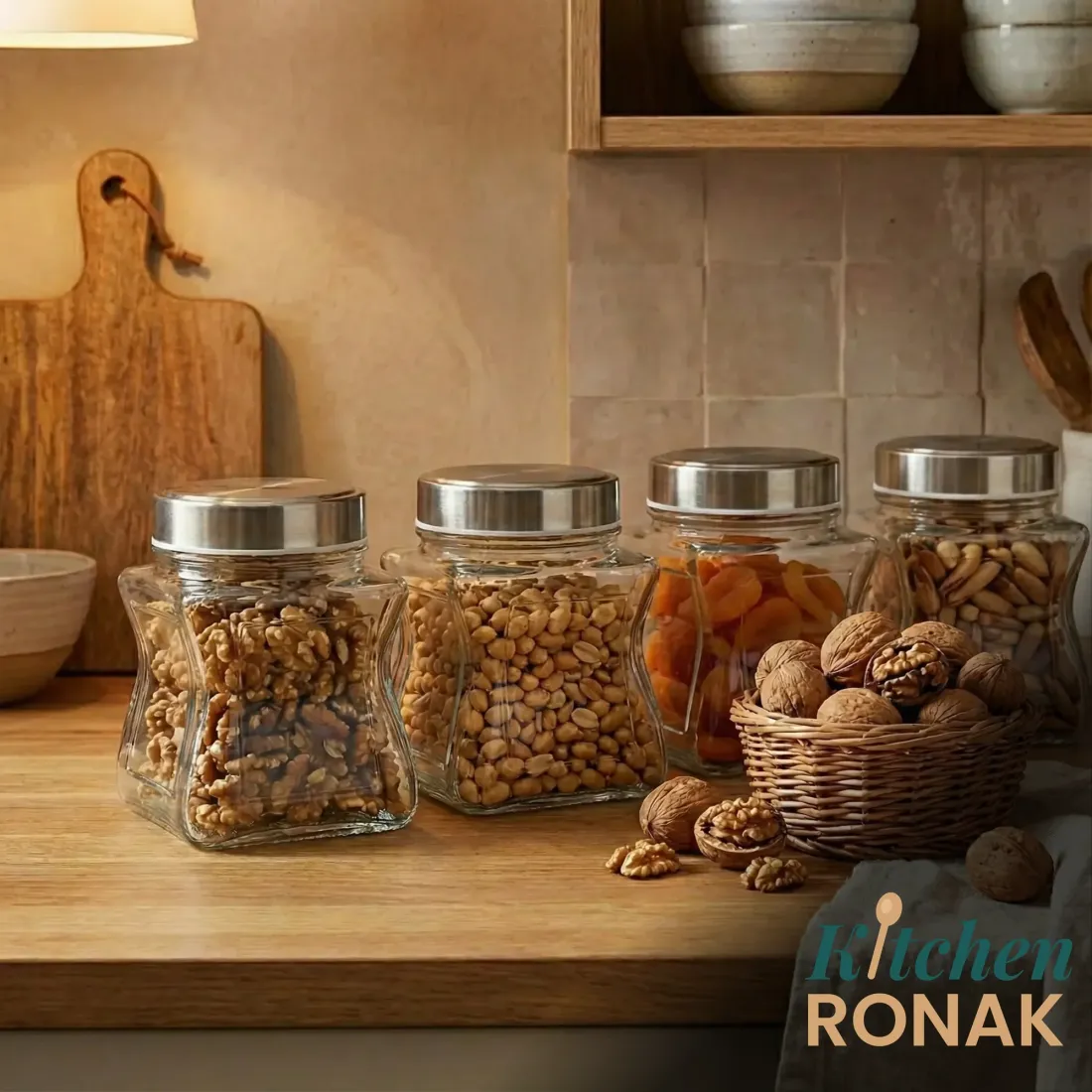 Four glass jars with metal lids filled with walnuts, peanuts and dried apricots on a kitchen counter