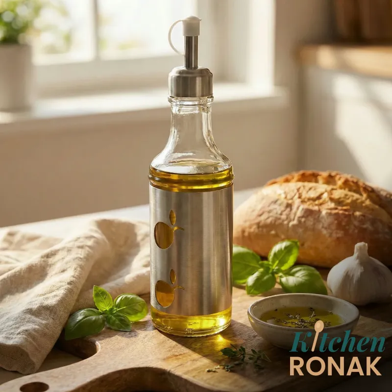 Glass oil dispenser with a steel sleeve beside fresh bread and basil