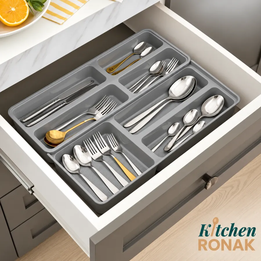 Grey cutlery organiser holding spoons and forks in an open kitchen drawer