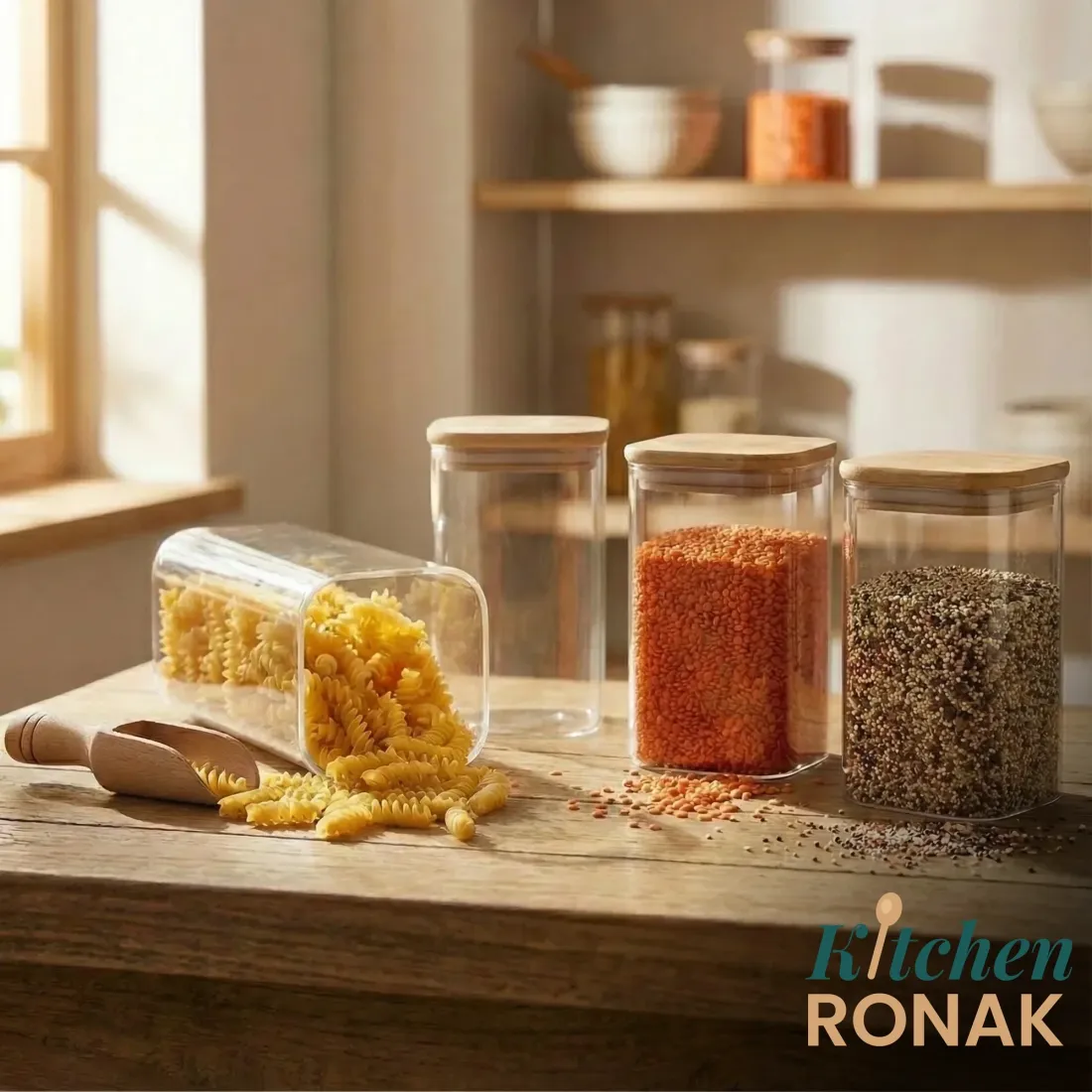 Square glass jars with wooden lids holding pasta, red lentils and quinoa on a wooden counter