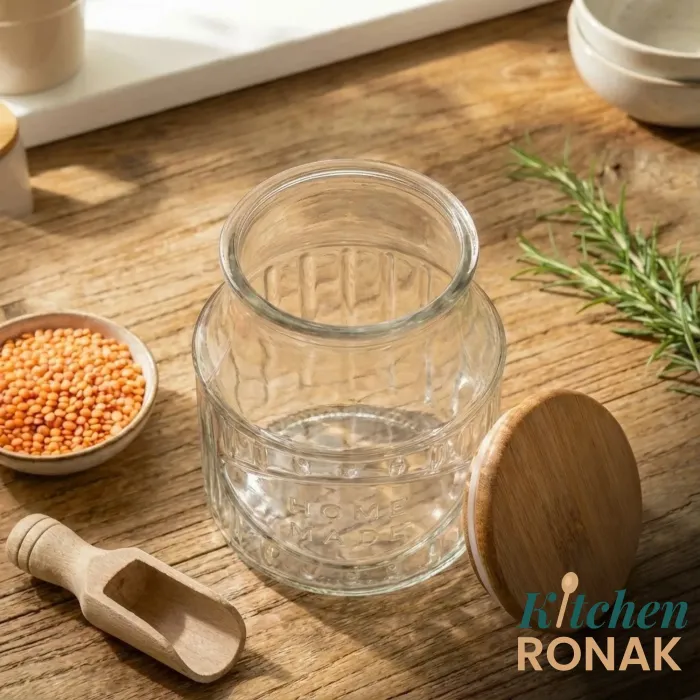 Open glass jar beside its natural wooden lid and a bowl of red lentils